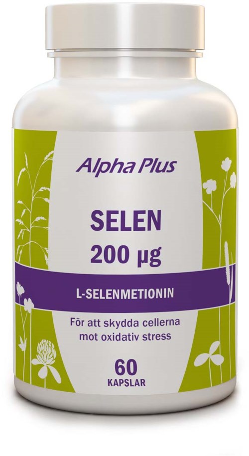 Bottle of selenium supplement with lavender and green label, 60 capsules, to protect cells from oxidative stress.