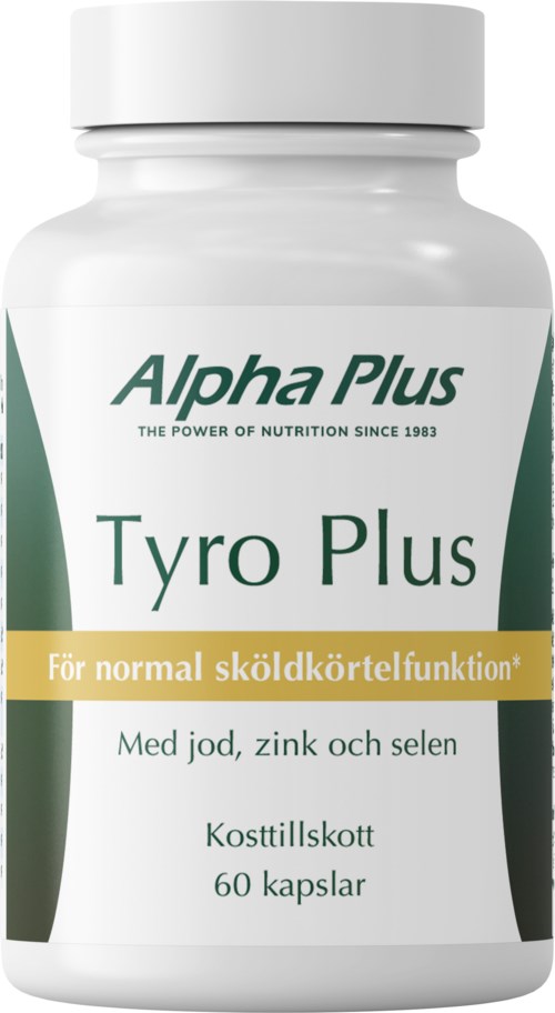 Pullo Tyro Plus -ravintolisää kilpirauhasen tukiin, sisältää jodia, sinkkiä ja seleeniä. 60 kapselia.