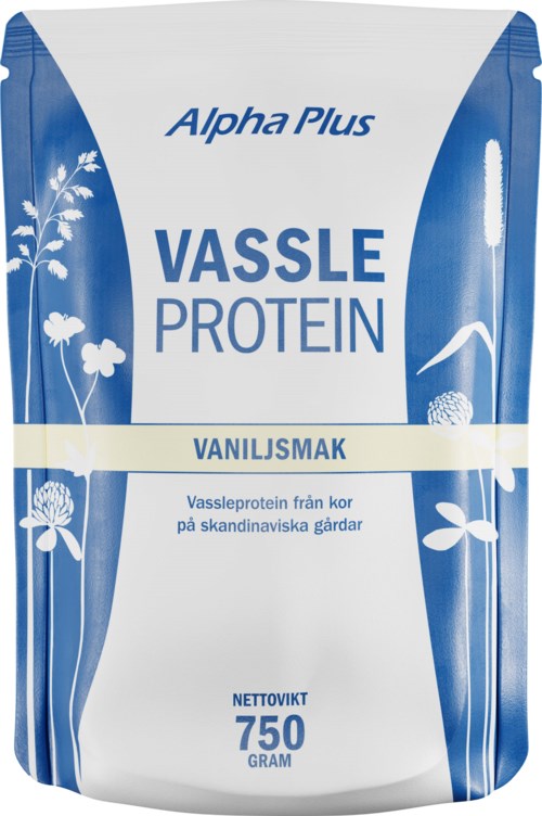 En blå og hvid pakke med proteinpulver med blomster og landskabsmotiver. Den nævner vaniljesmag og 750 gram.