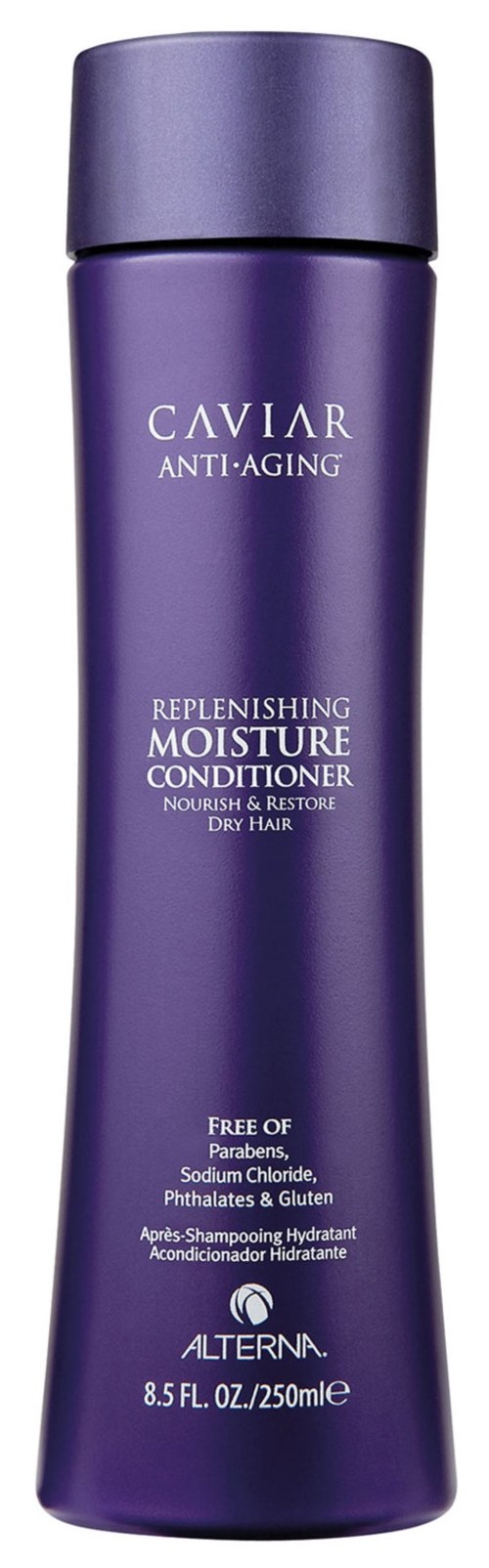 En lang, lilla flaske med Caviar Anti-Aging Replenishing Moisture Conditioner for tørt hår.