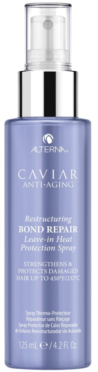 En lila och silverflaska innehåller Alterna Caviar Anti-Aging återuppbyggande spraya som skyddar håret mot skador.