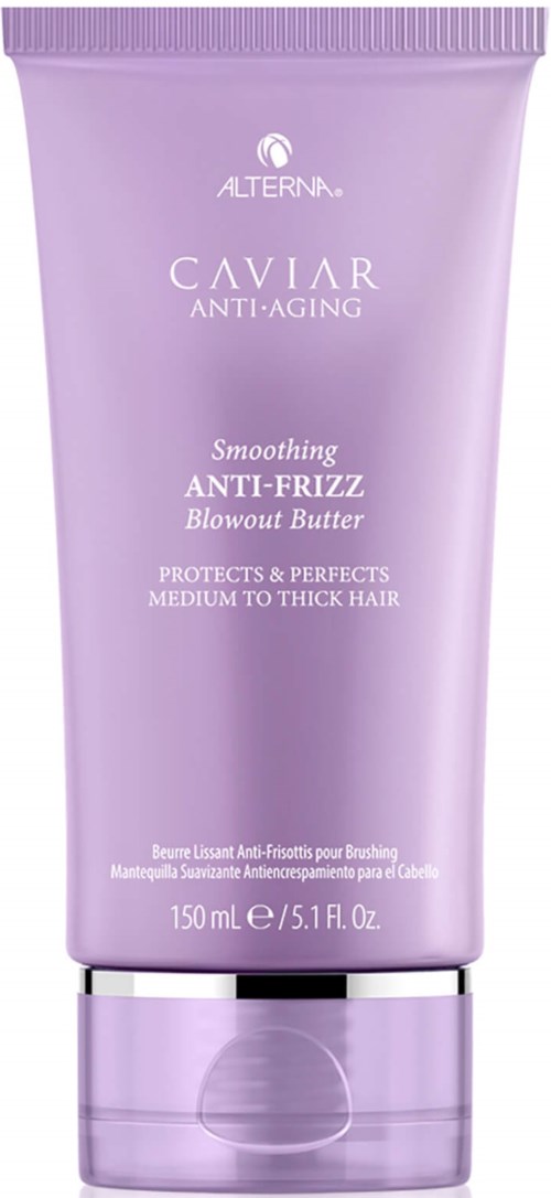En lila tub med Alterna Caviar Anti-Aging Smoothing Anti-Frizz Blowout Butter för medium till tjockt hår.
