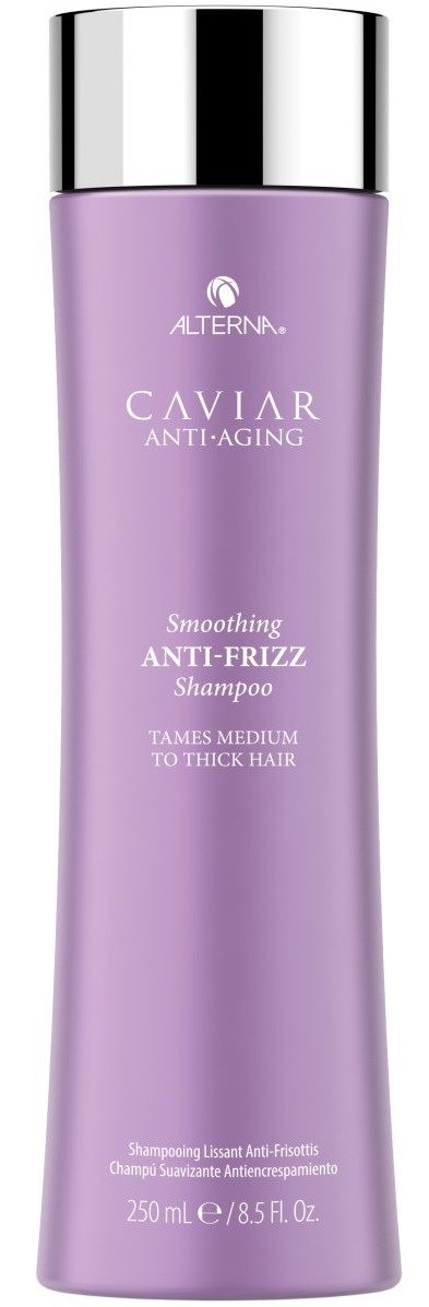 Lilla sjampo-flaske med sølvkork, merket for anti-aldring og anti-frizz hårpleie.