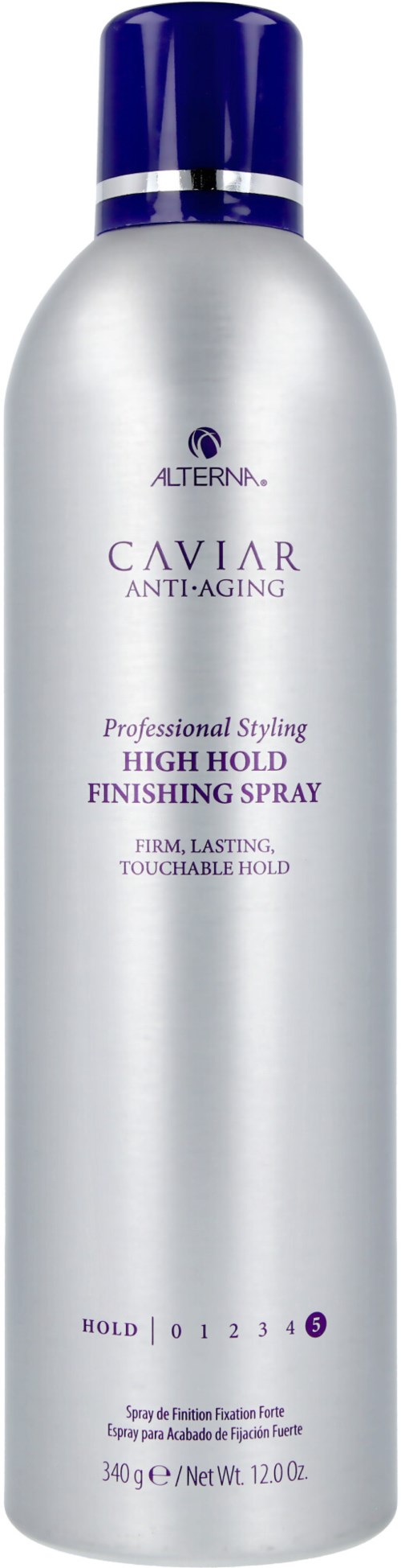 En lång, silverflaska med blå kork märkt Caviar Anti-Aging, avsedd för hårstyling.