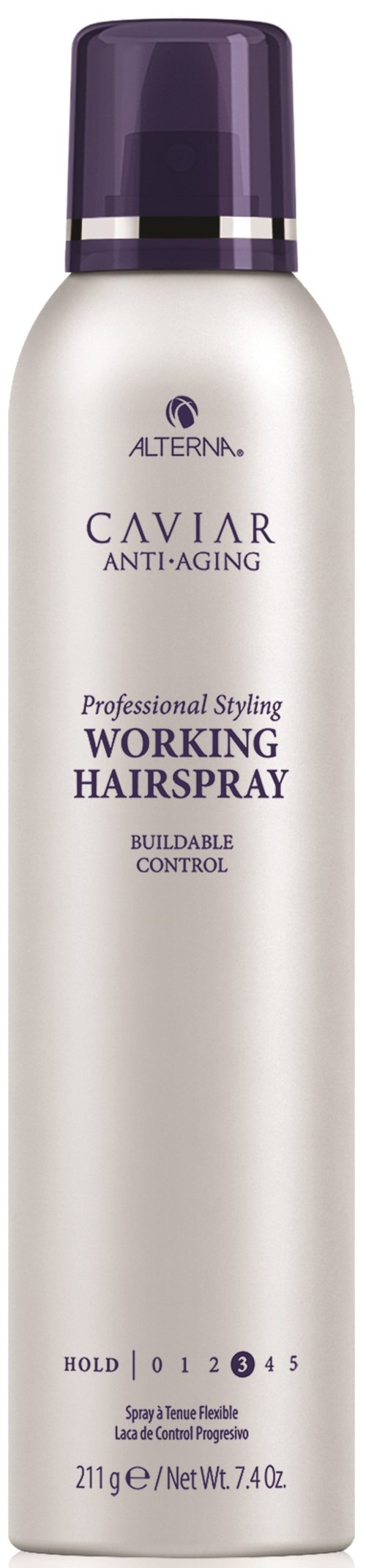 En hvit sylindrisk boks med lilla hette, merket som Alterna Caviar Anti-Aging Working Hairspray.