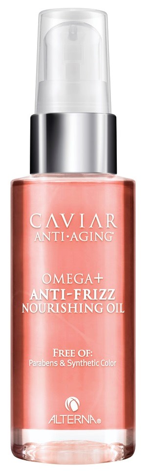 En rosa flaska från Alterna Caviar Anti-Aging Omega+ Anti-Frizz Näringsolja med en tydlig pumpkopp.