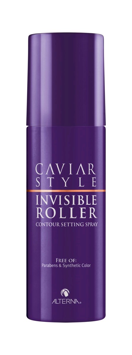 Lilla sprayflaske merket 'Caviar Style Invisible Roller' for konturinnstilling uten paraben eller syntetisk farge.