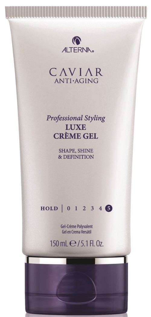 En vit tube med lila lock, märkt som Alterna Caviar Anti-Aging Luxe Crème Gel för hårstyling.