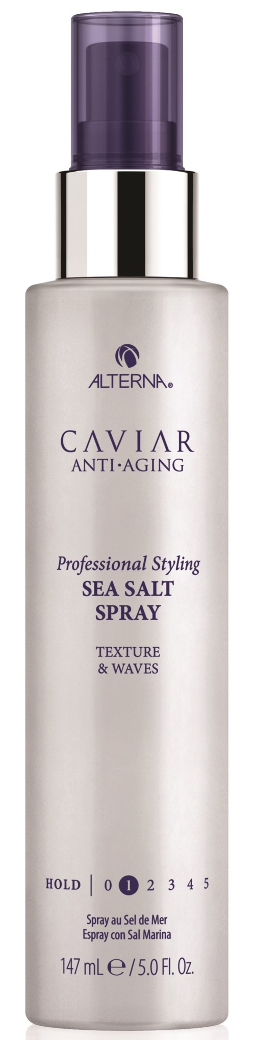 A white bottle with a purple cap and silver spray top. It has text about anti-aging caviar sea salt spray product.