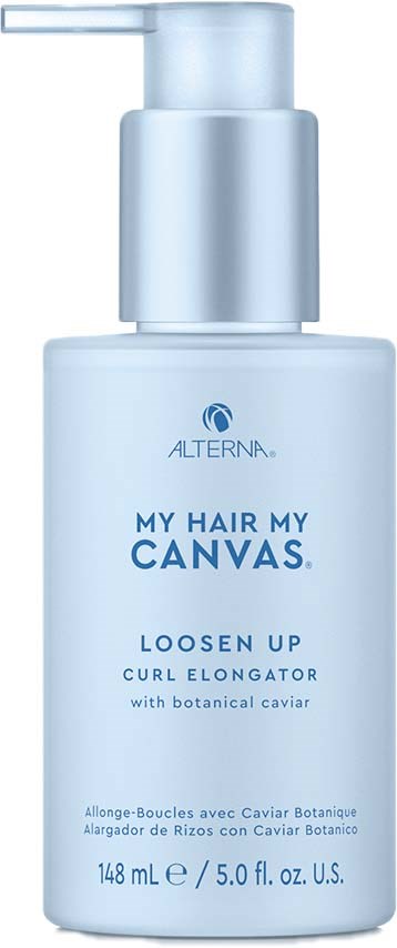 Vaaleansininen pumppupullo, merkintä 'My Hair My Canvas' valmistajalta Alterna, tarkoitettu hiusten kiharrussarjalle.