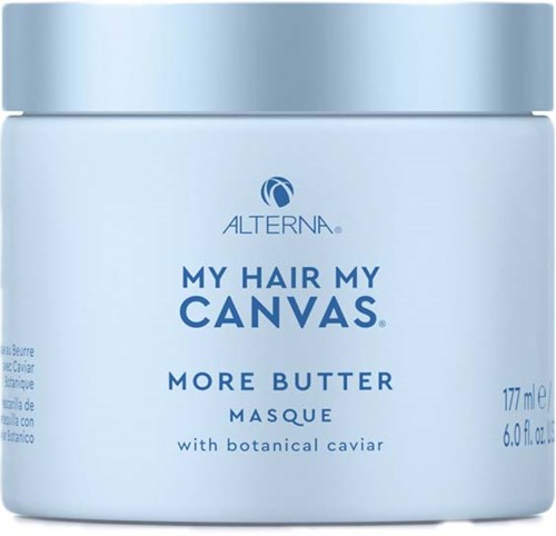 En lyseblå beholder med mørkeblå tekst og logo, mærket "My Hair My Canvas" med "More Butter" og botanisk kaviar.