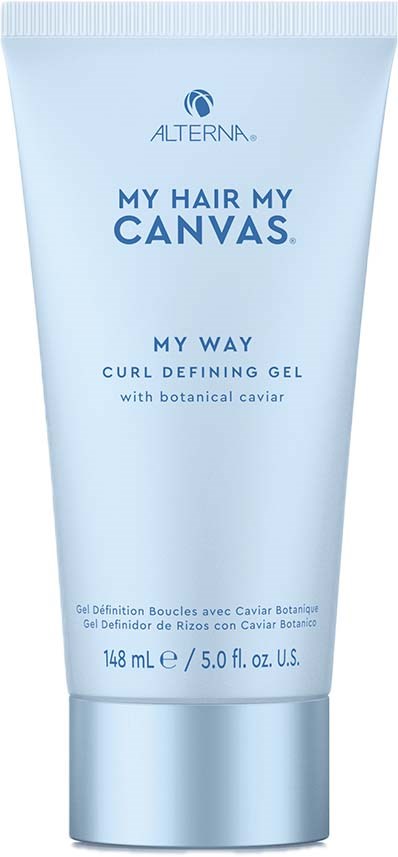 Jasnoniebieska tubka żelu do włosów z napisem 'My Hair My Canvas' i zawartością 148 ml.