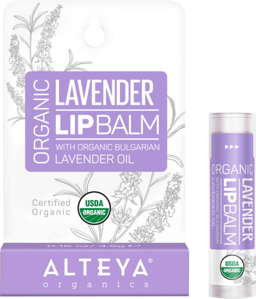 Etykieta organicznego balsamu do ust z lawendą, certyfikacja USDA Organic i prosty rysunek rośliny lawendy.