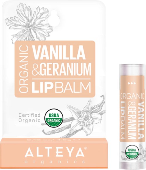Etykieta dla organicznej pomadki do ust waniliowej i geranium z certyfikatem USDA Organic i ilustracjami roślin.