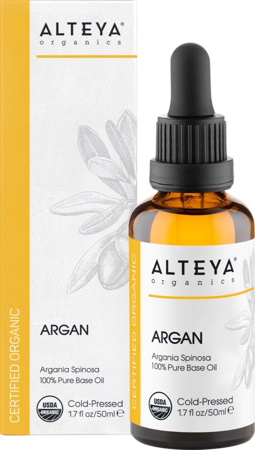 Mała bursztynowa butelka z czarnym kroplomierzem i białą etykietą z nazwą Alteya Organics i olejem arganowym.