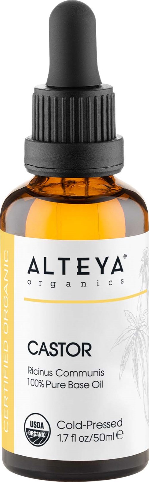 Mała brązowa butelka z czarnym zakraplaczem, oznaczona 'Alteya Castor Oil,' z informacją, że jest to czysty i tłoczony na zimno olej.