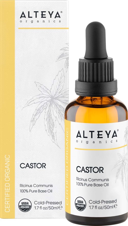 Szklana butelka w kolorze bursztynowym z pipetą i białą etykietą. Etykieta mówi 'ALTEYA ORGANICS' i 'CASTOR oil'.