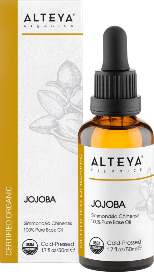 Mała brązowa butelka z pipetą, zawiera organiczny olej z jojoba, na opakowaniu rysunek rośliny.