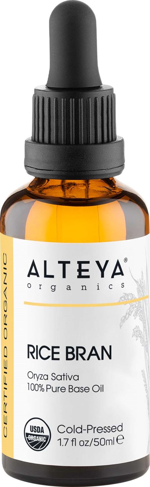 Mała bursztynowa butelka z czarnym kroplomierzem, oznakowana 'Alteya Organics Rice Bran oil, 50 ml.'