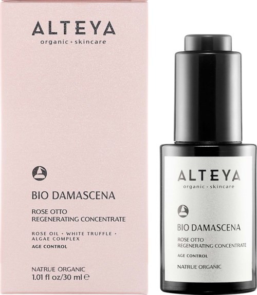 Butelka serum do pielęgnacji skóry z napisem 'ALTERA BIO DAMASCENA' na różowym tle. Butelka jest czarno-biała z pompką.