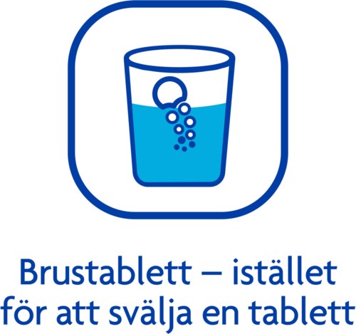Det här är en logotyp som visar ett glas vatten med bubblor och en notis om att använda en andningsmint istället för att svälja ett piller.