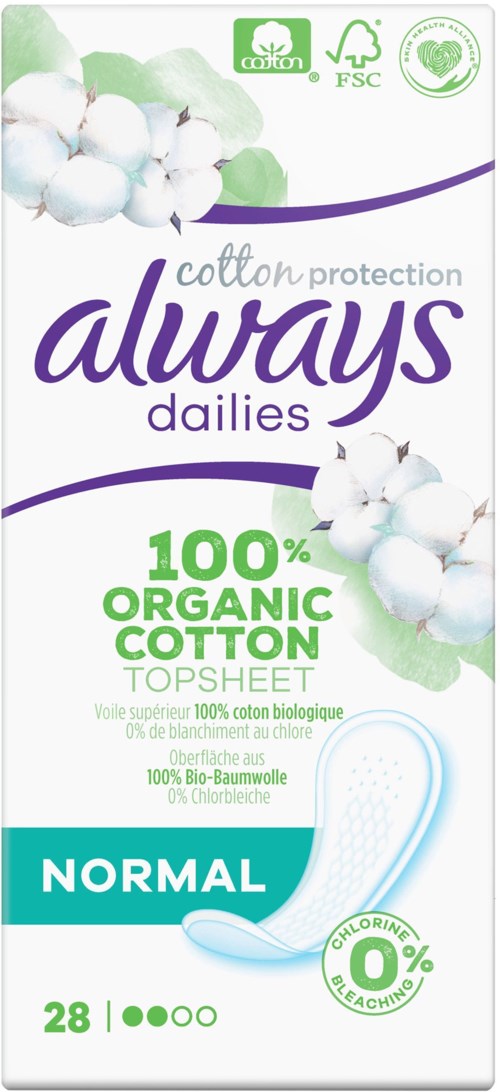 En eske med bomullspinner fra Always Dailies, 100% økologisk bomull for normalt flow, med miljøsymboler.