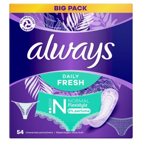 Pink and purple packaging of always brand daily fresh panty liners with floral design and labeled as normal, flexible, no perfume.