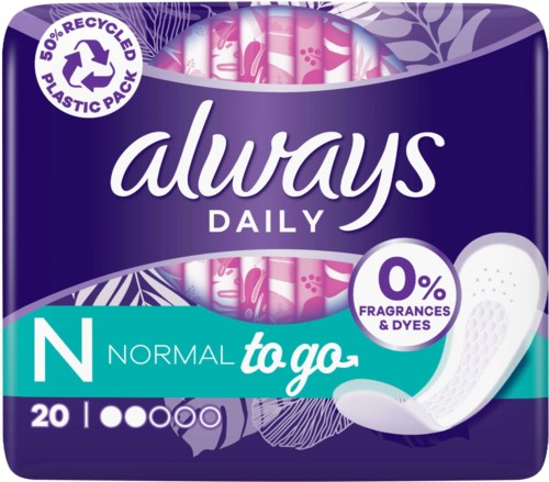En pakke med Always Daily hygienbind, blå og lilla design, laget av 50 % resirkulert plast, uten dufter eller farger.