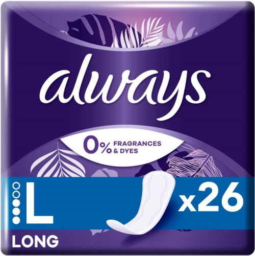 Et lilla pakke med Always lange bind, størrelse stor, uten parfyme eller fargestoffer, inneholder 26 bind.