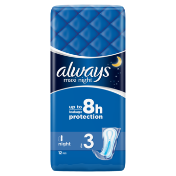 En förpackning av Always Maxi Night med blått förpackningsmaterial, nämner 8 timmars skydd och 12 tamponger inuti.