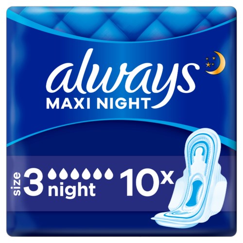 En förpackning Always Maxi Night-skydd, blå förpackning, för 3 nätter, 10 tamponger, med måne och stjärnor.