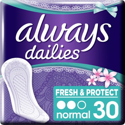 Naisten siteepakkaus merkiltä 'Always Dailies', kukkakuvioilla ja normaalivirtaustiedoin.