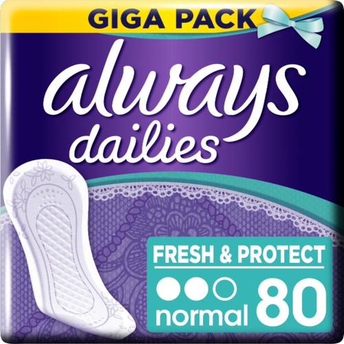  Produktet er en pakke med Always Dailies bind for kvinner, beregnet på normal flyt, med 80 bind per pakke.