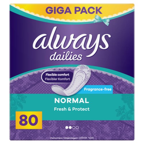 En pakke med Always Dailies normale bind, 80 stk, blå og lilla emballasje, med sløyfe-symbol øverst.