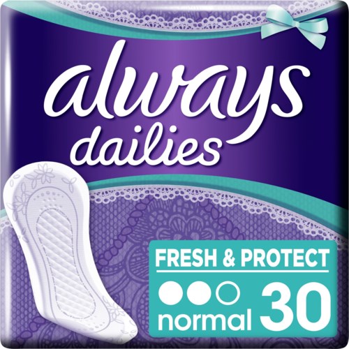 Ett lila paket Always Dailies-kuddar med en ljusblå rosett och en vit kudde. Det står 'Fresh & Protect' och '30 normal'.