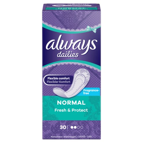 Förpackning med Always Dailies normala hygienartiklar, parfymfria, för fräsch, daglig skydd.