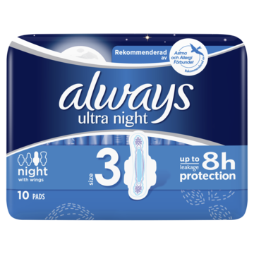 Et pakke med Always Ultra Night bind, størrelse 3, med 10 bind, som gir opp til 8 timers beskyttelse.