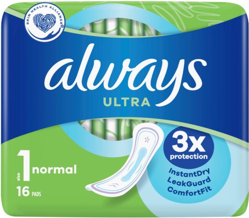 En pakke Always Ultra hygienepads, grønt og blått design, viser beskyttelsesfunksjoner og merkevarelogo.