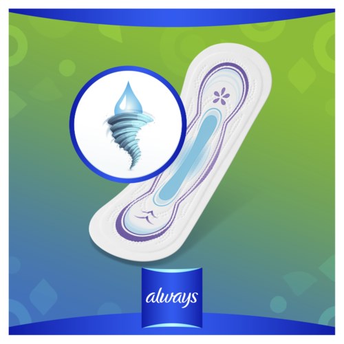 En binding med en hvirvel logo, grøn og blå baggrund, og brandnavnet 'always' for neden.
