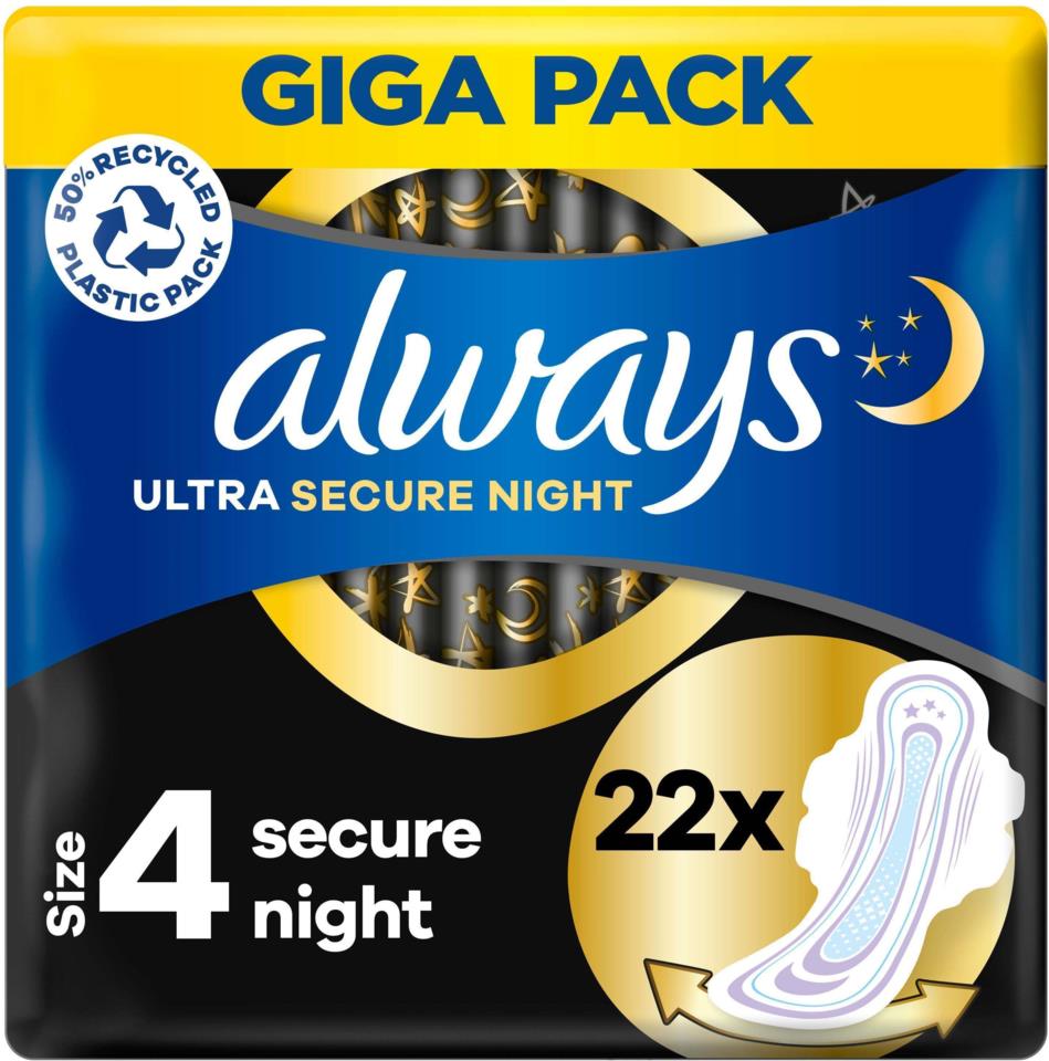 Always Blue Pacging Always Ultra Secure Night (Size 4) Pads with wings 22 count | lyko.com