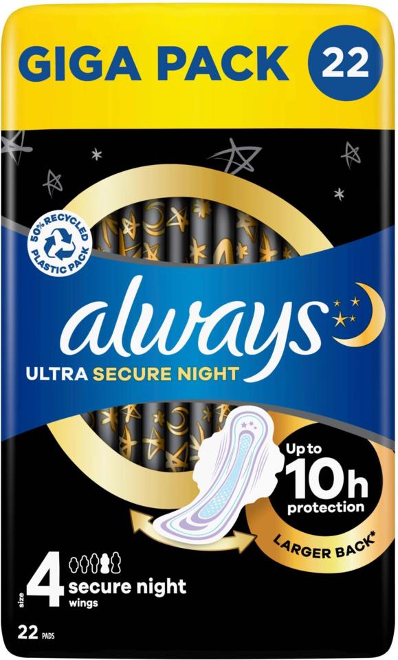 Always Ultra Secure Night (Size 4) Pads with wings 22 count