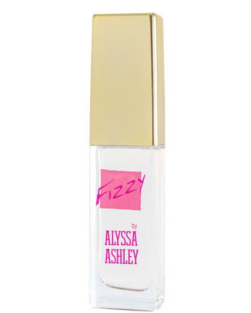 En liten glasflaska med guldlock och rosa etikett som säger "Fizzy by Alyssa Ashley."