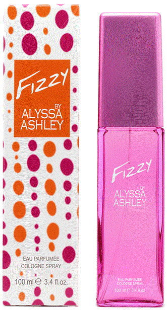 En rosa parfymflaska och en box med orange, lila och rosa prickar, märkt 'Fizzy by Alyssa Ashley' för parfym.