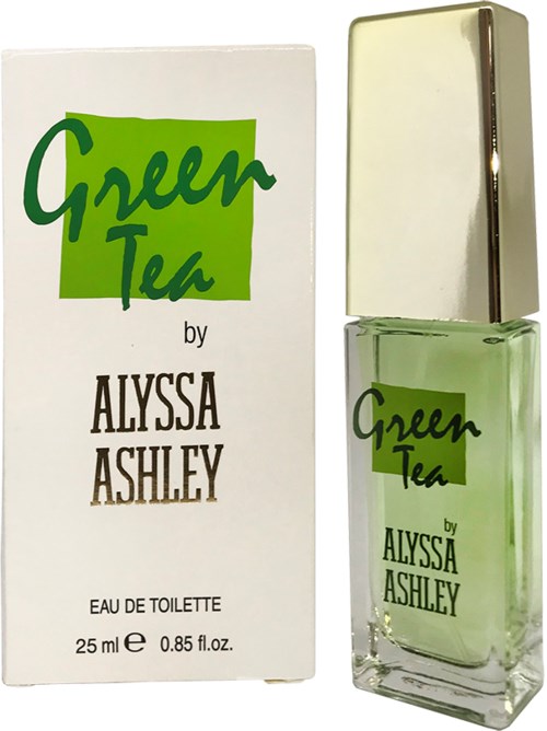 Green tea parfymeflaske og eske med grønne og hvite etiketter, viser duftnavnet og merke.