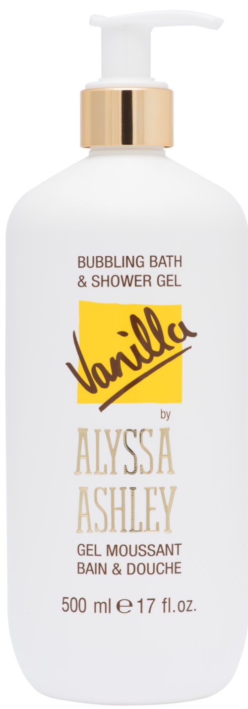 Een witte fles met pomp, gelabeld vanille bubbelbad en douchegel door Alyssa Ashley, 500 ml.