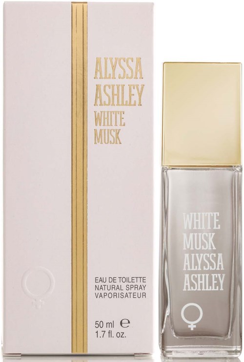En parfyllflaska och box för White Musk av Alyssa Ashley, guld- och vitfärger, med minimalistisk design.