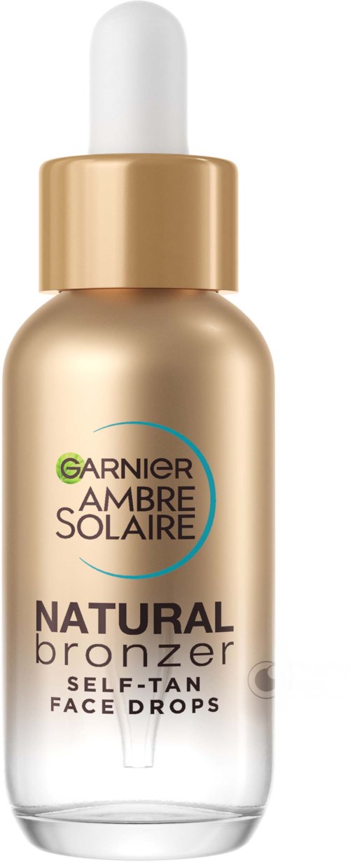 Fles met Garnier Ambre Solaire natuurlijke zelfbruiner-druppels met witte pipetdop.