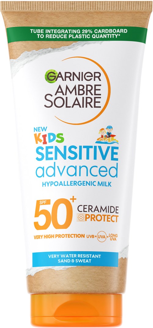 Solskyddsmedel för barn med SPF 50+ och ceramidskydd, utformat för känslig hud och utomhusvattenaktiviteter.