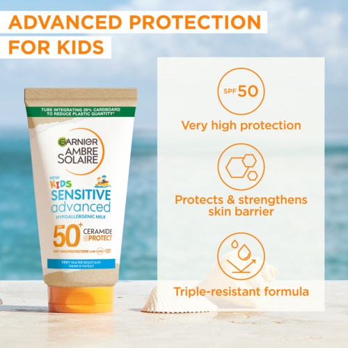 En solskyddsflaska med hög skydd, fördelar för barn och UV SPF50, på en strandbakgrund med text.