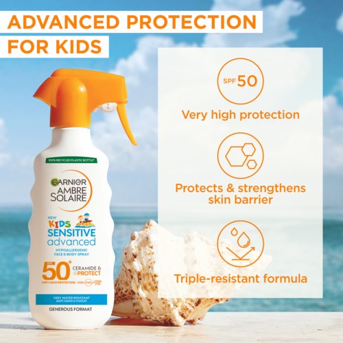 Lasten auringonsuojauskosmetti suojakortilla SPF 50, meri ja taivas taustalla, iso kivi.